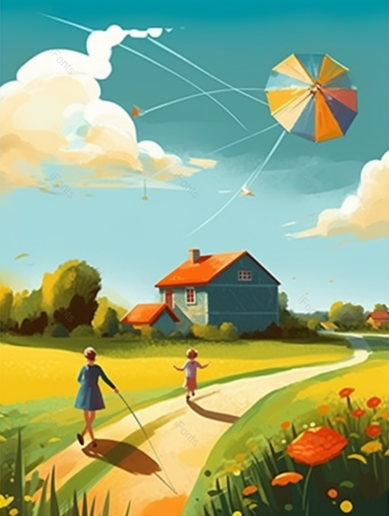 亲子户外活动母亲节云朵蓝色背景乡村生活,插画/手绘图,插画/手绘图库,插画/手绘图下载,插画/手绘